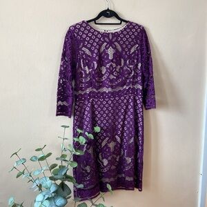 New Gabby Skye Purple Lace Sheath Cocktail Dress 3/4 Sleeve Size 12 Cocktail